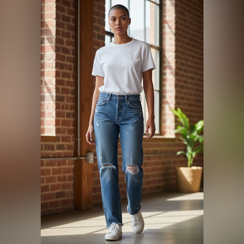 GAP Women's Straight Leg Jeans in Distressed Blue